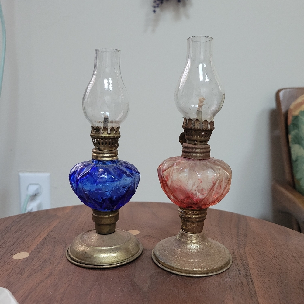 handblown oil lamps set of 2, blue and pink oil lamp